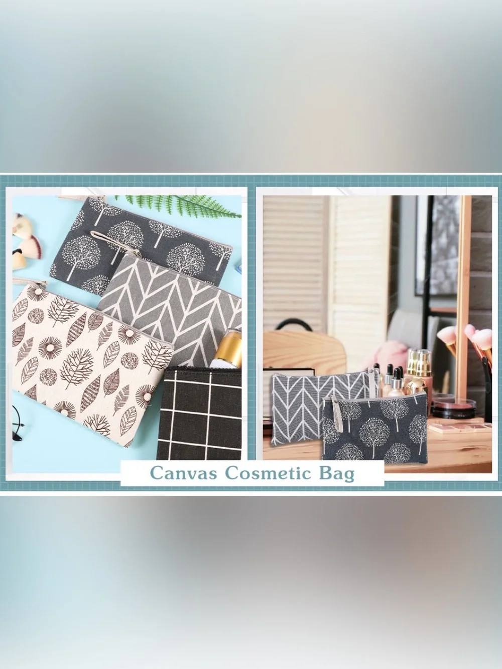 0098: Set of 4 Canvas Cosmetic Pouch Set - Gray, Black, Navy, Light Gray